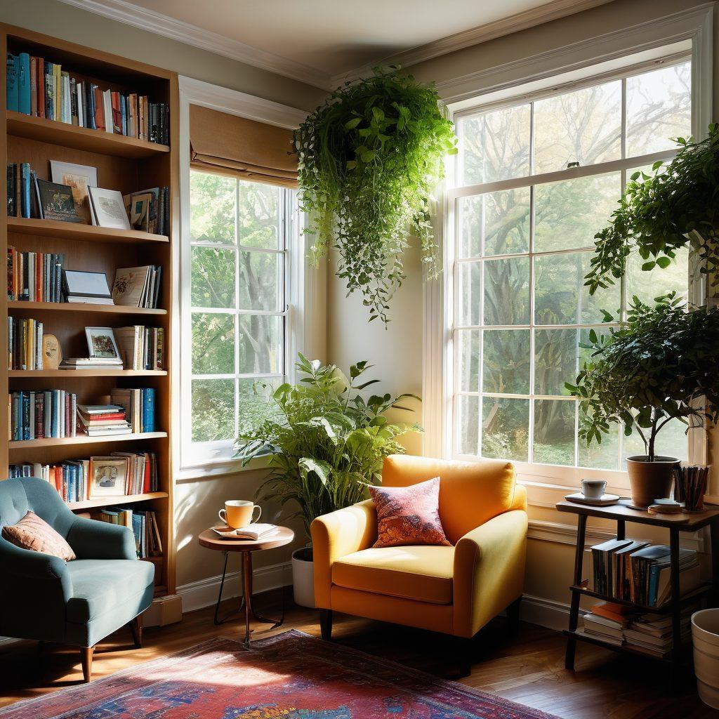 A warm and inviting scene of a cozy reading nook, featuring a well-loved armchair surrounded by books, greenery, and a steaming cup of tea. A diverse group of people sitting together, sharing ideas and laughter, with sunlight streaming through a window. Elements of lifestyle engagement such as notebooks, a laptop, and a bulletin board filled with notes. Soft, inviting colors, capturing a sense of community. super-realistic. vibrant colors. cozy atmosphere.