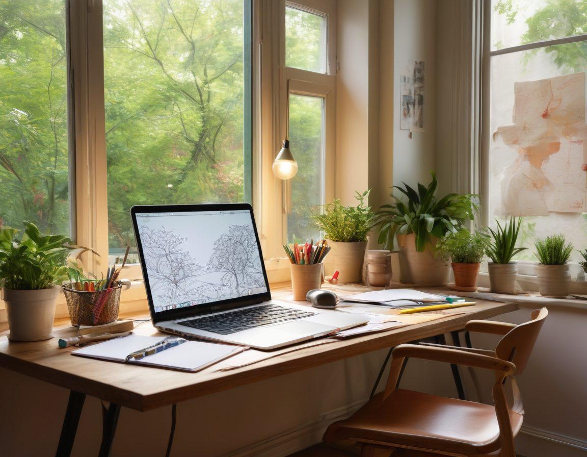 A vibrant, inspiring workspace filled with creative tools: colorful notebooks, sketches on a wall, a laptop displaying a beautifully designed webpage, and a large window showcasing a sunny view. The atmosphere should feel dynamic and energizing, with visual elements symbolizing ideas and innovation, such as lightbulbs and flowing lines. super-realistic. bright colors. cozy settings.