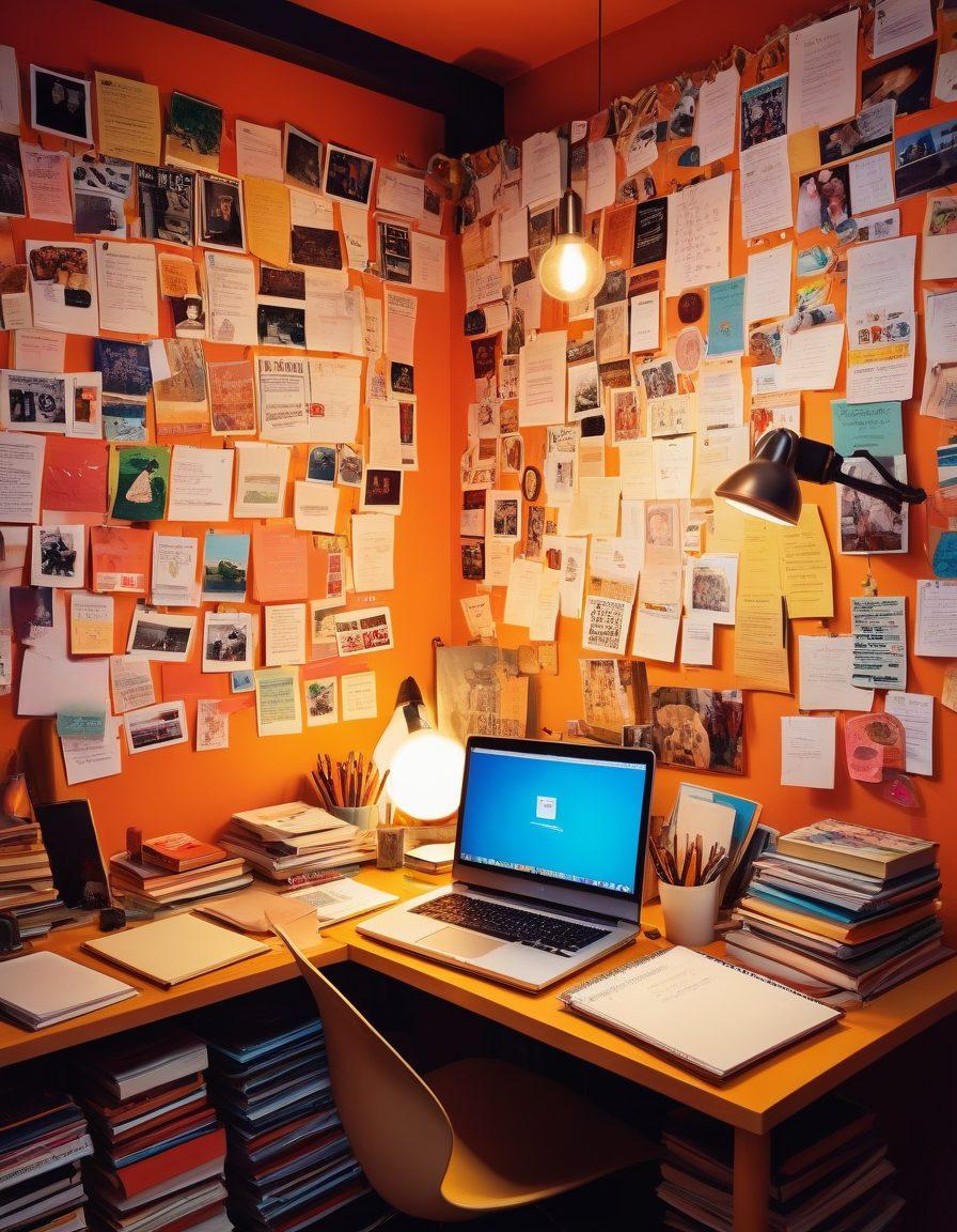 A creative workspace featuring a diverse group of writers collaborating over laptops, surrounded by stacks of books and colorful notepads, with a vibrant vision board on one wall showcasing ideas and illustrations. The atmosphere is lively and dynamic, reflecting the transformation from simple blogs to impactful editorials. warm lighting. super-realistic. vibrant colors.